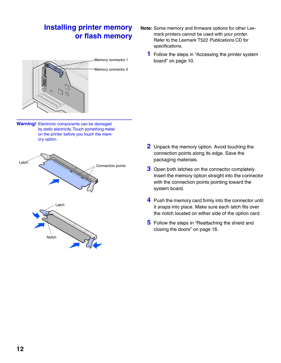 Lexmark 522 setup guide Installing printer memory or flash memory 