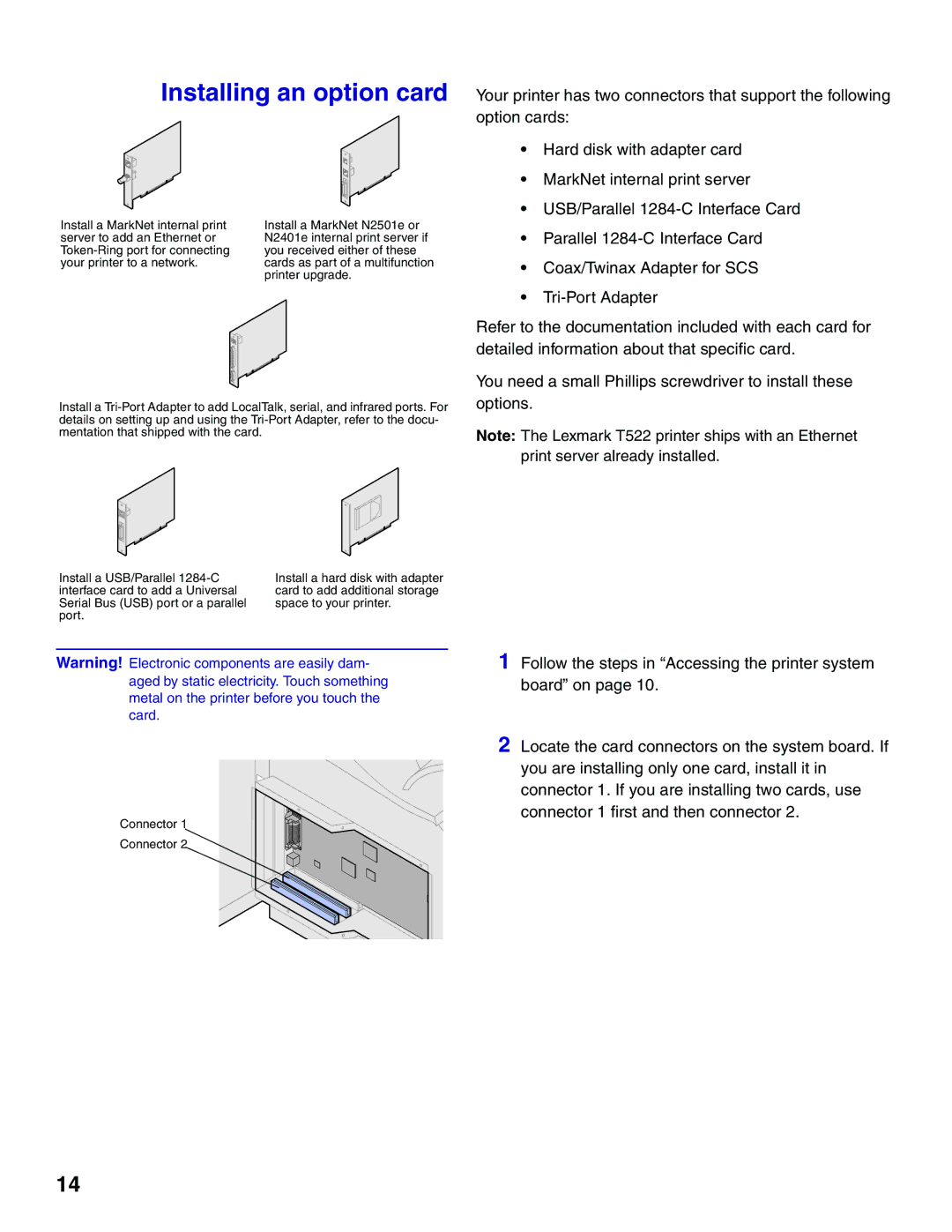 Lexmark 522 setup guide Installing an option card 