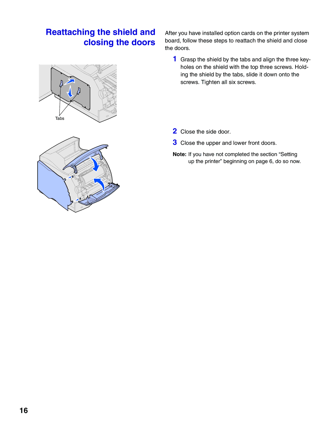 Lexmark 522 setup guide Reattaching the shield and closing the doors 