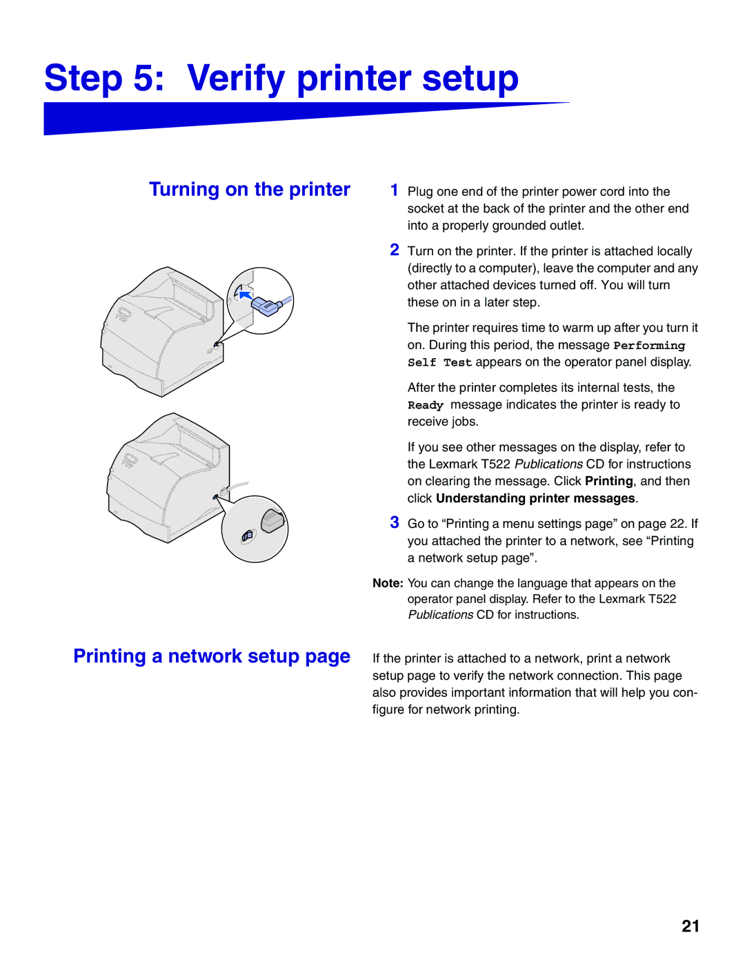 Lexmark 522 setup guide Verify printer setup, Turning on the printer Printing a network setup 