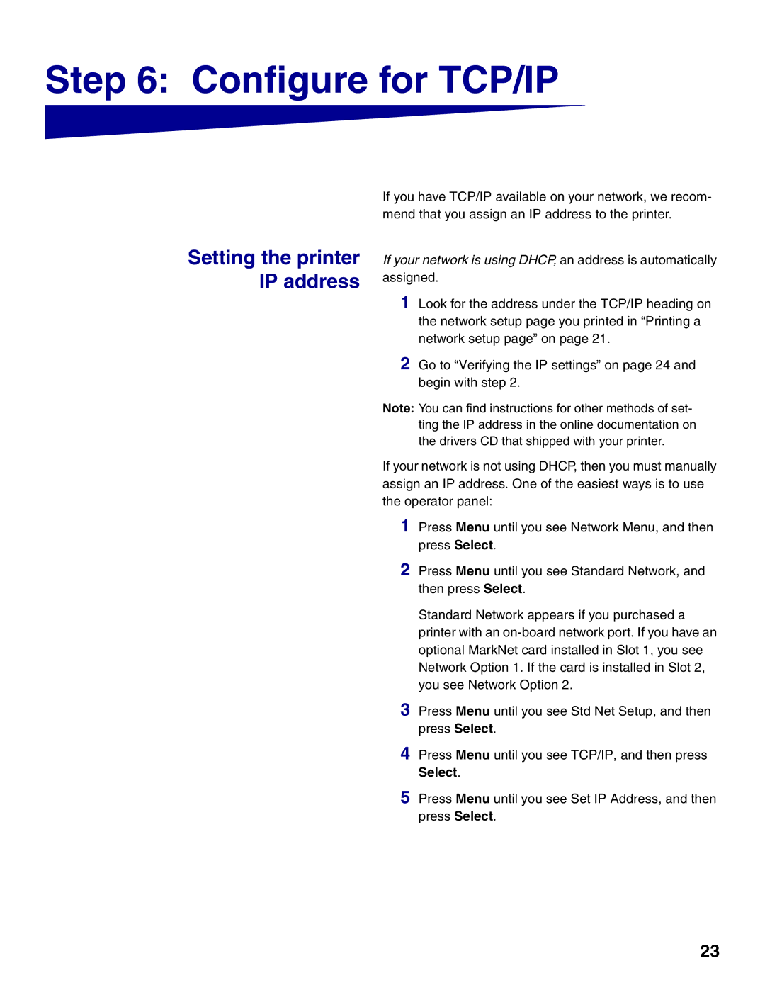 Lexmark 522 setup guide Configure for TCP/IP, Setting the printer IP address 