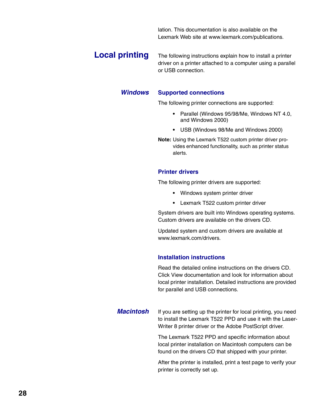 Lexmark 522 setup guide Windows Supported connections 