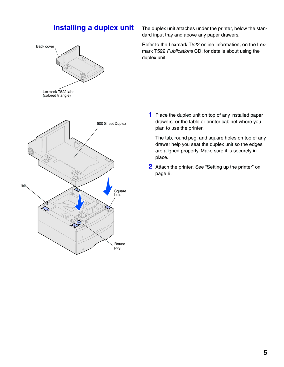 Lexmark 522 setup guide Installing a duplex unit 