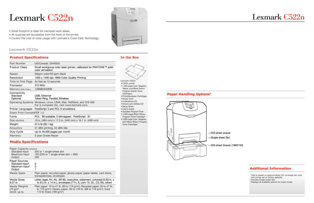 Lexmark Lexmark C522n, Paper Handling Options3, Media Specifications, Additional Information, Product Specifications 