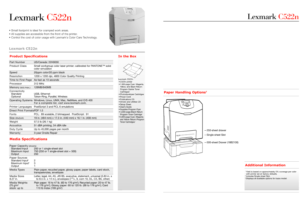 Lexmark manual Lexmark C522n, Paper Handling Options3, Media Specifications, Additional Information 