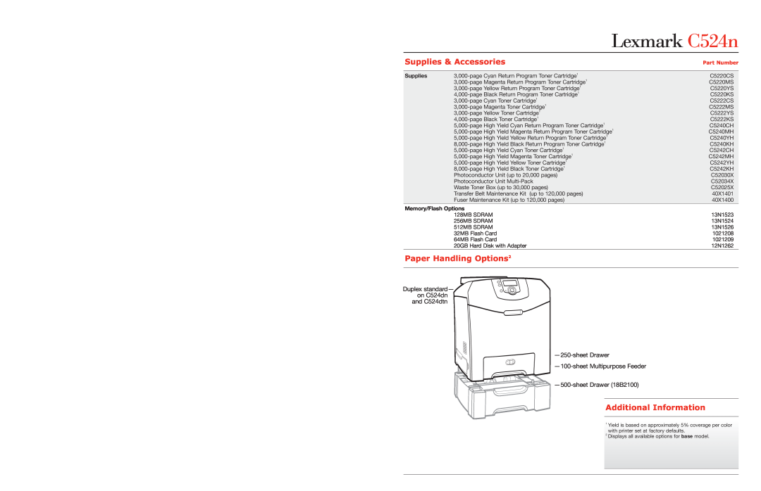 Lexmark Lexmark C524n, Supplies & Accessories, Paper Handling Options2, Additional Information, sheetDrawer 18B2100 