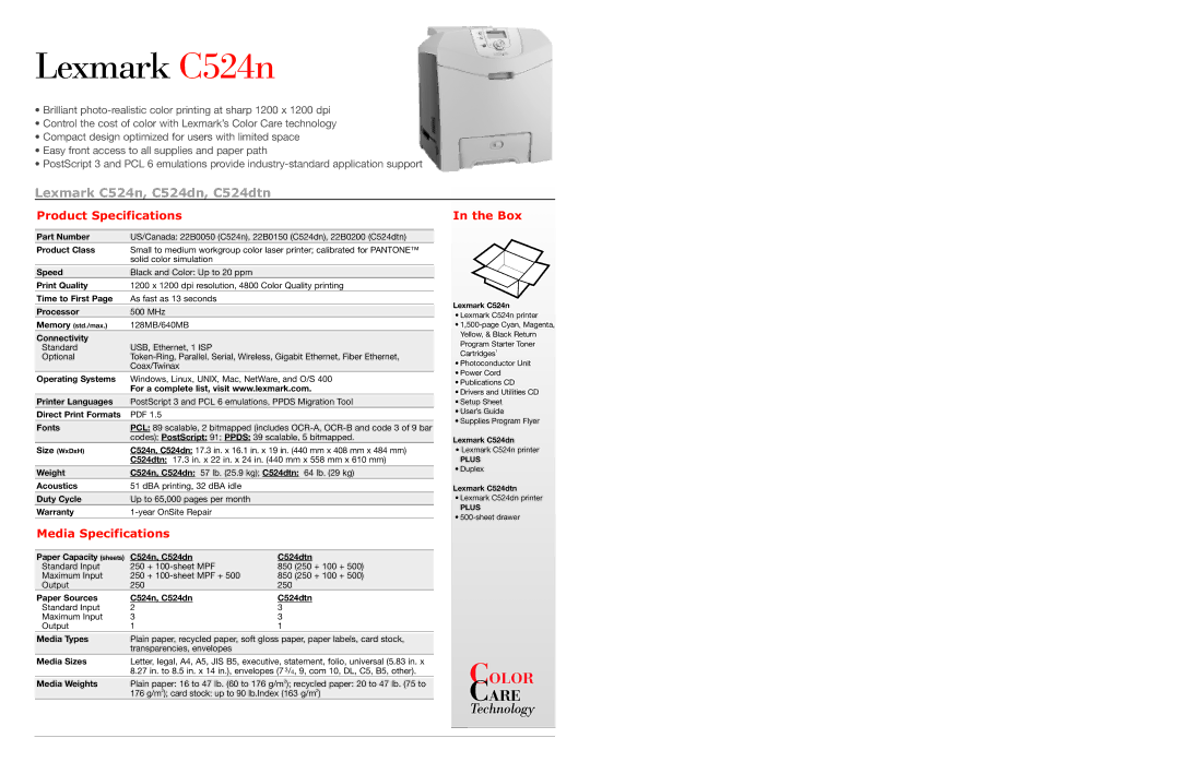 Lexmark 524n Part Number, Product Class, Speed, Print Quality, Time to First, Processor, Connectivity, Operating Systems 