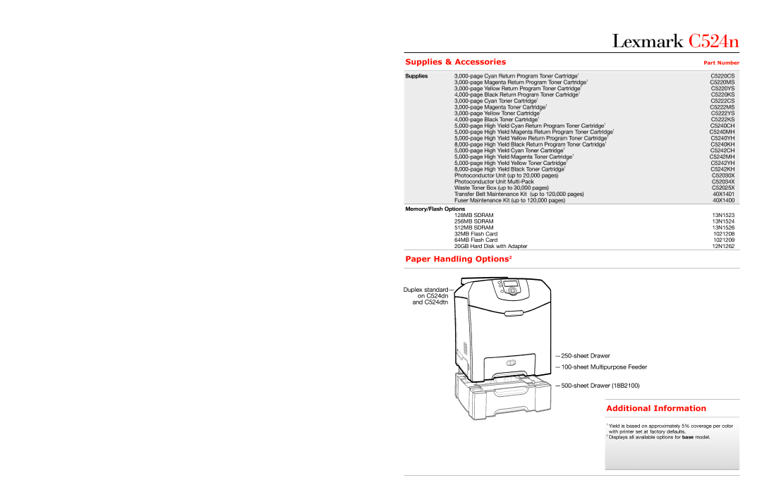 Lexmark 524n warranty Supplies & Accessories, Paper Handling Options2, Additional Information, Memory/Flash Options 