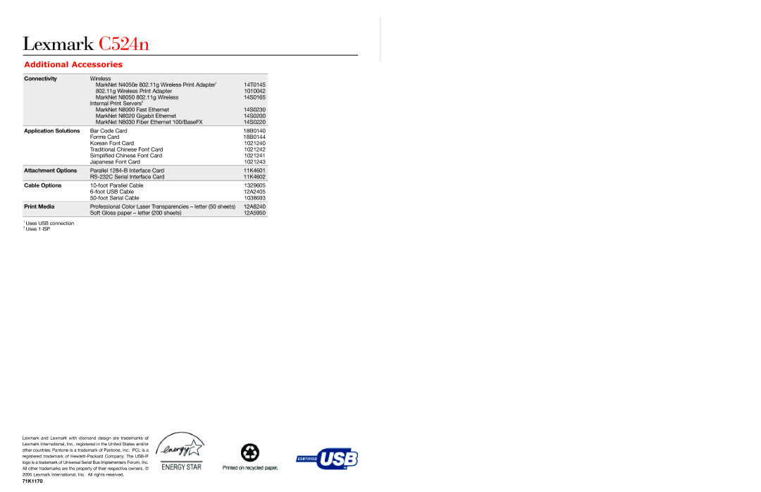 Lexmark 524n warranty Additional Accessories, Application Solutions, Attachment Options, Cable Options, Print Media 