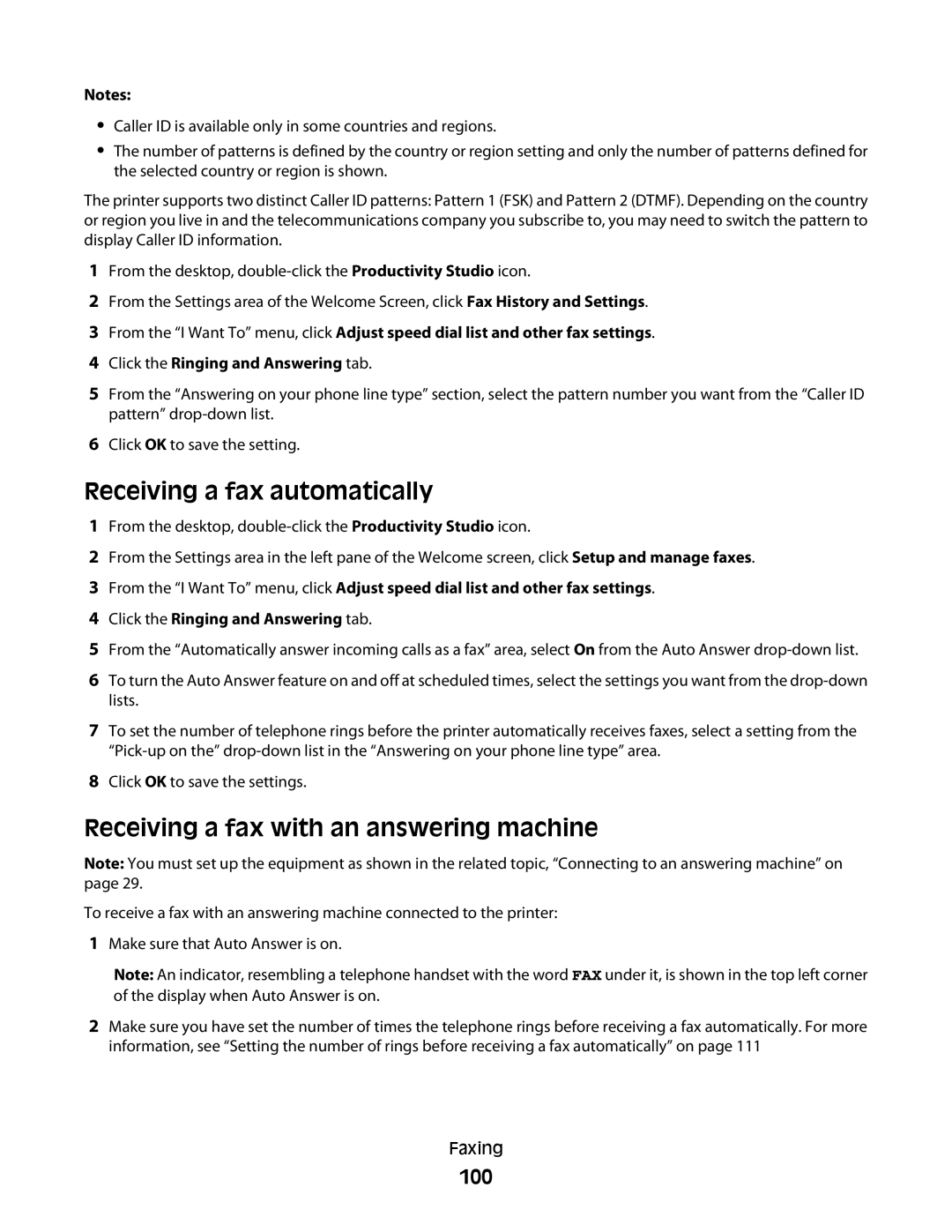 Lexmark 5300 Series manual Receiving a fax automatically, Receiving a fax with an answering machine, 100 