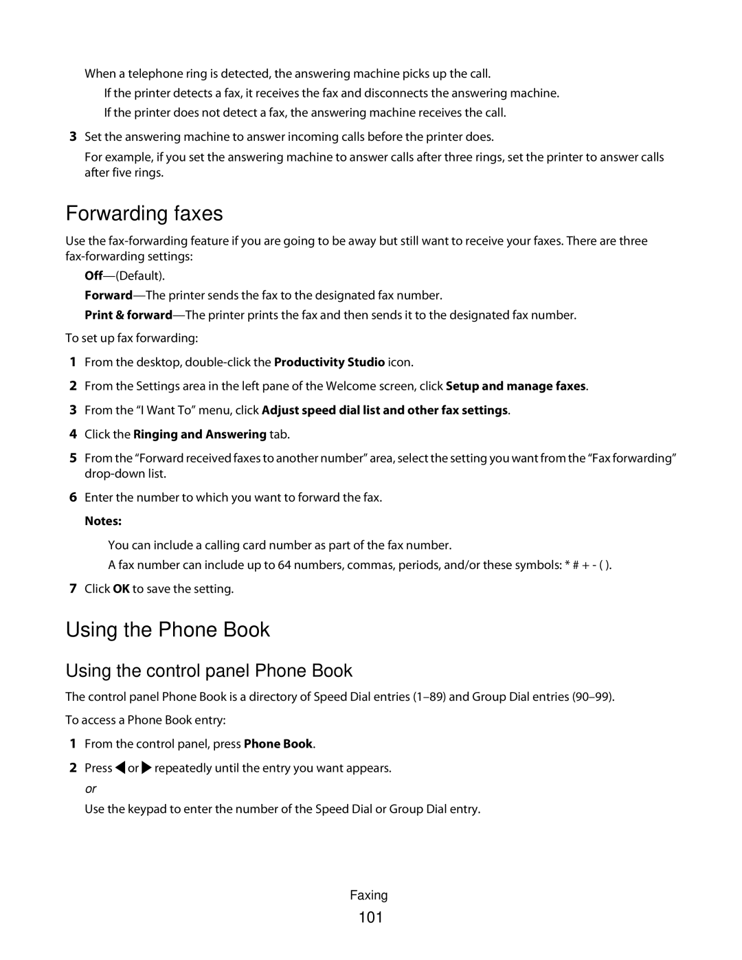 Lexmark 5300 Series manual Forwarding faxes, Using the Phone Book, Using the control panel Phone Book, 101 