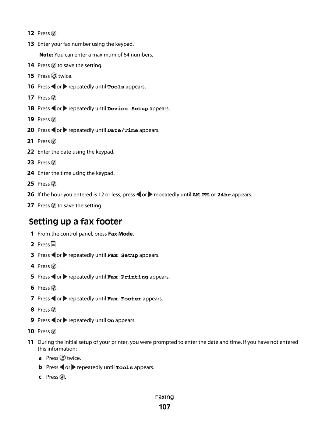 Lexmark 5300 Series manual Setting up a fax footer, 107 