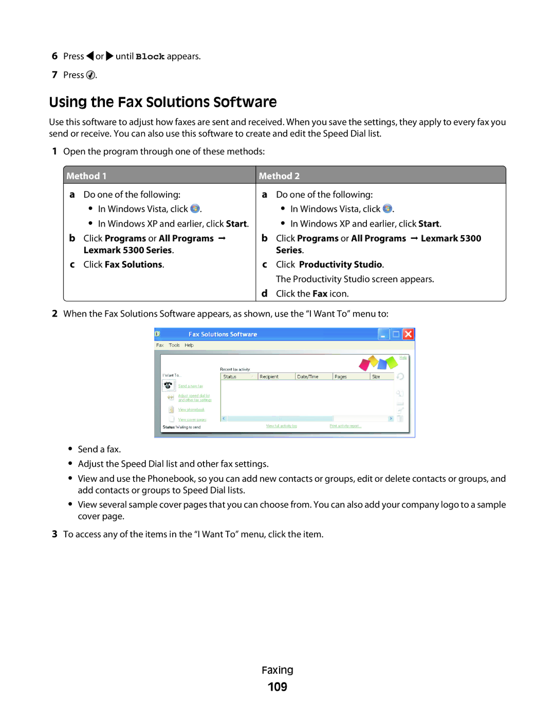 Lexmark 5300 Series manual Using the Fax Solutions Software, 109 