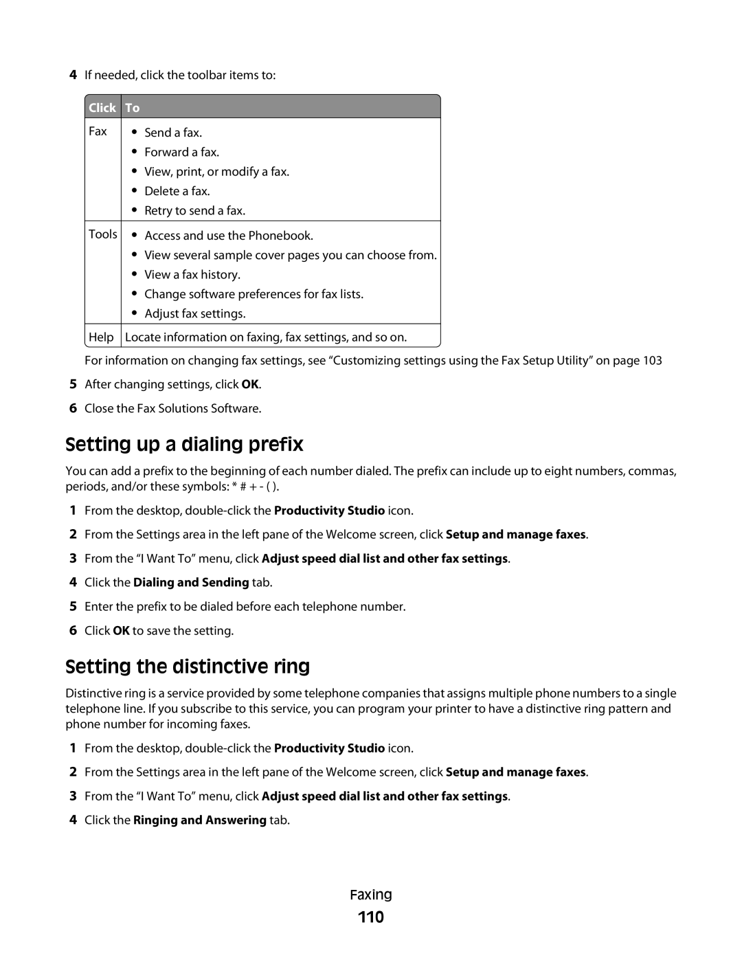 Lexmark 5300 Series manual Setting up a dialing prefix, Setting the distinctive ring, 110, Click To 