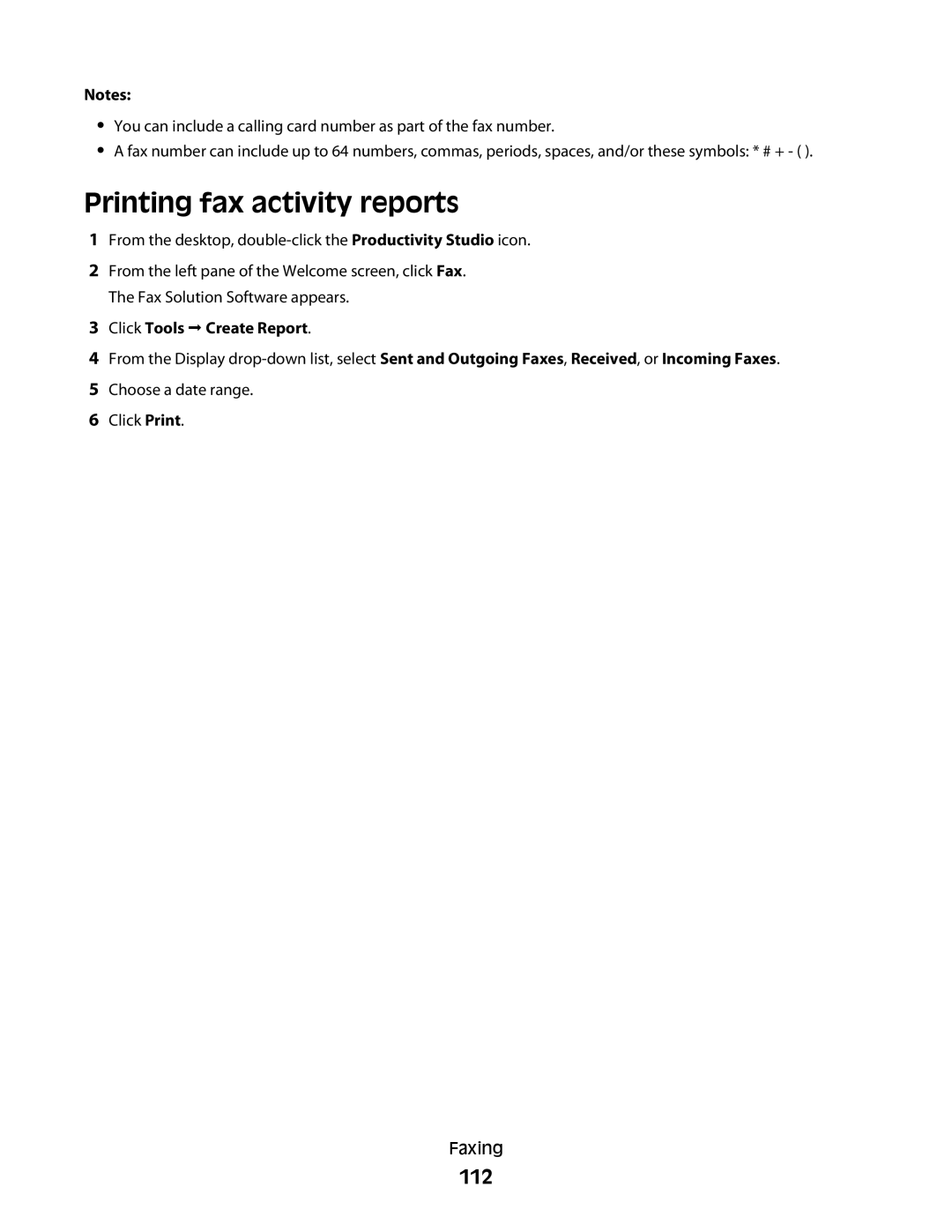 Lexmark 5300 Series manual Printing fax activity reports, 112, Click Tools Œ Create Report 