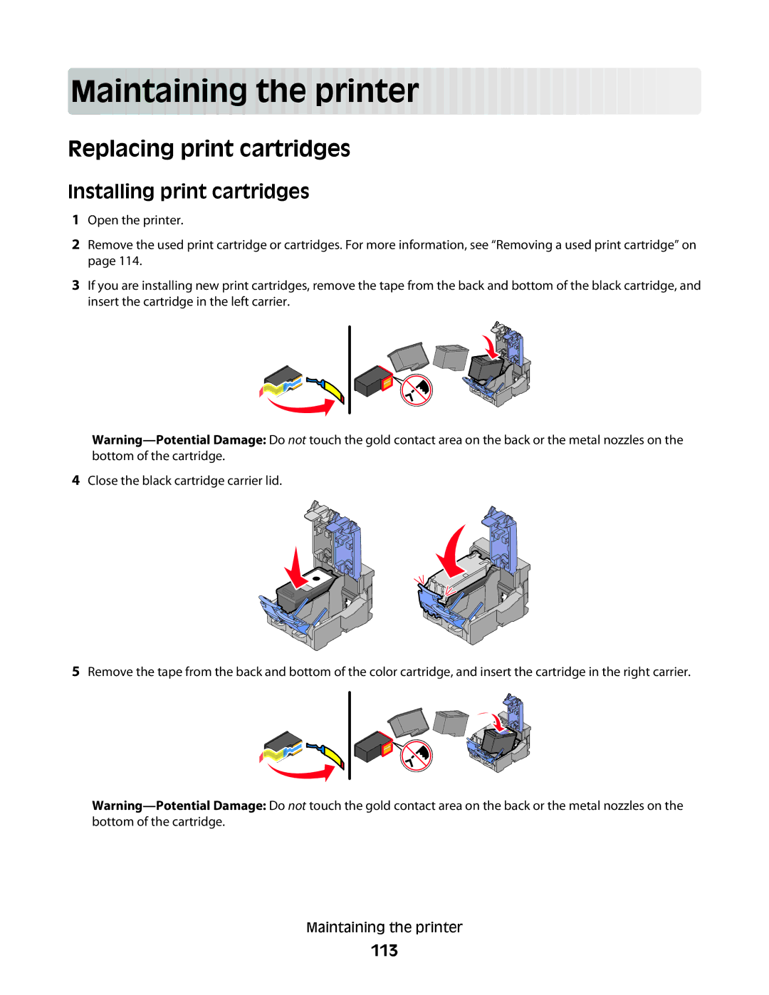 Lexmark 5300 Series manual Main taining th e prin t er, Replacing print cartridges, Installing print cartridges, 113 