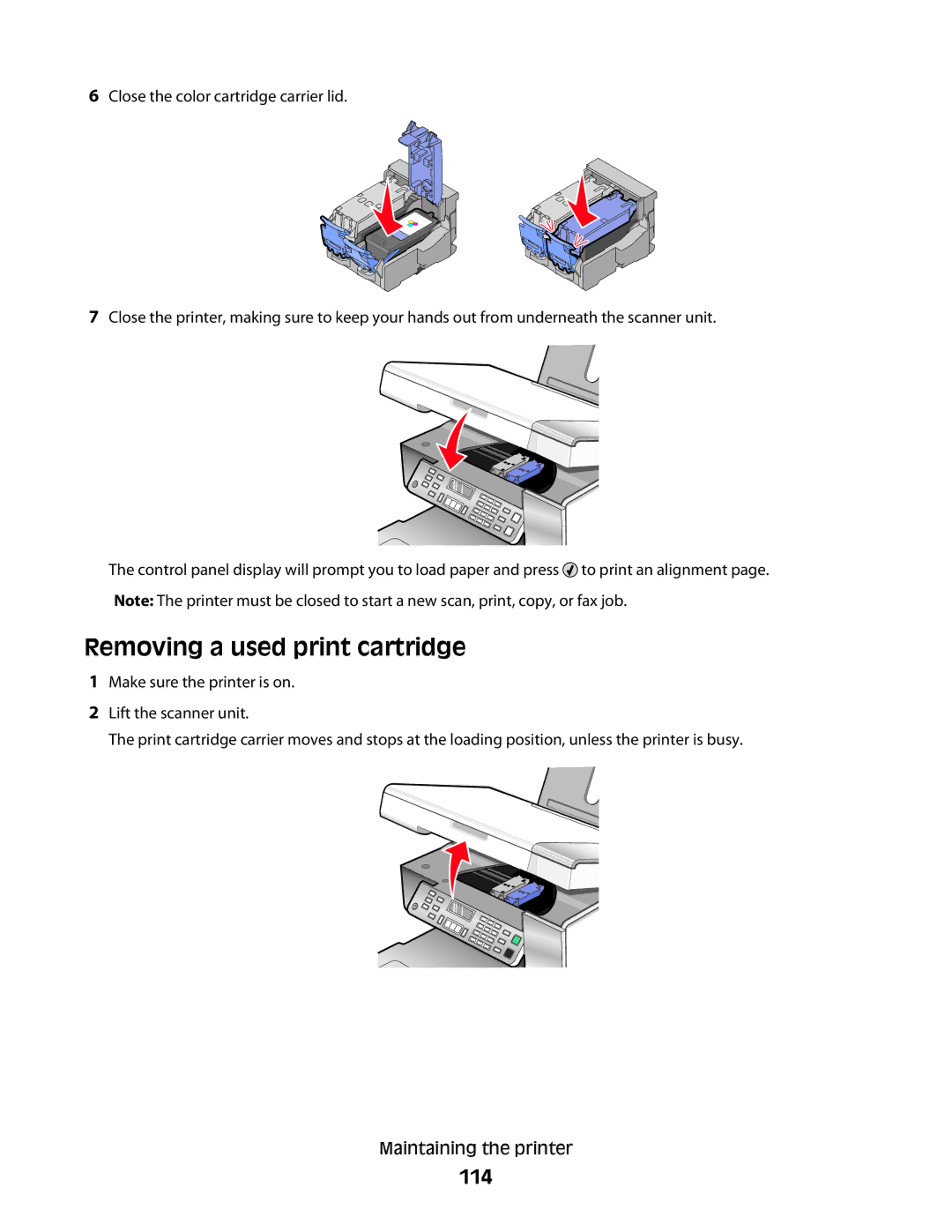 Lexmark 5300 Series manual Removing a used print cartridge, 114 