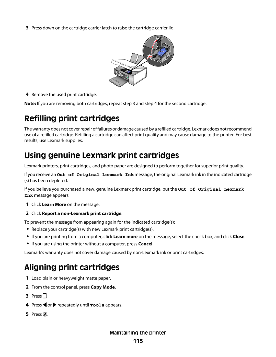 Lexmark 5300 Series Refilling print cartridges, Using genuine Lexmark print cartridges, Aligning print cartridges, 115 