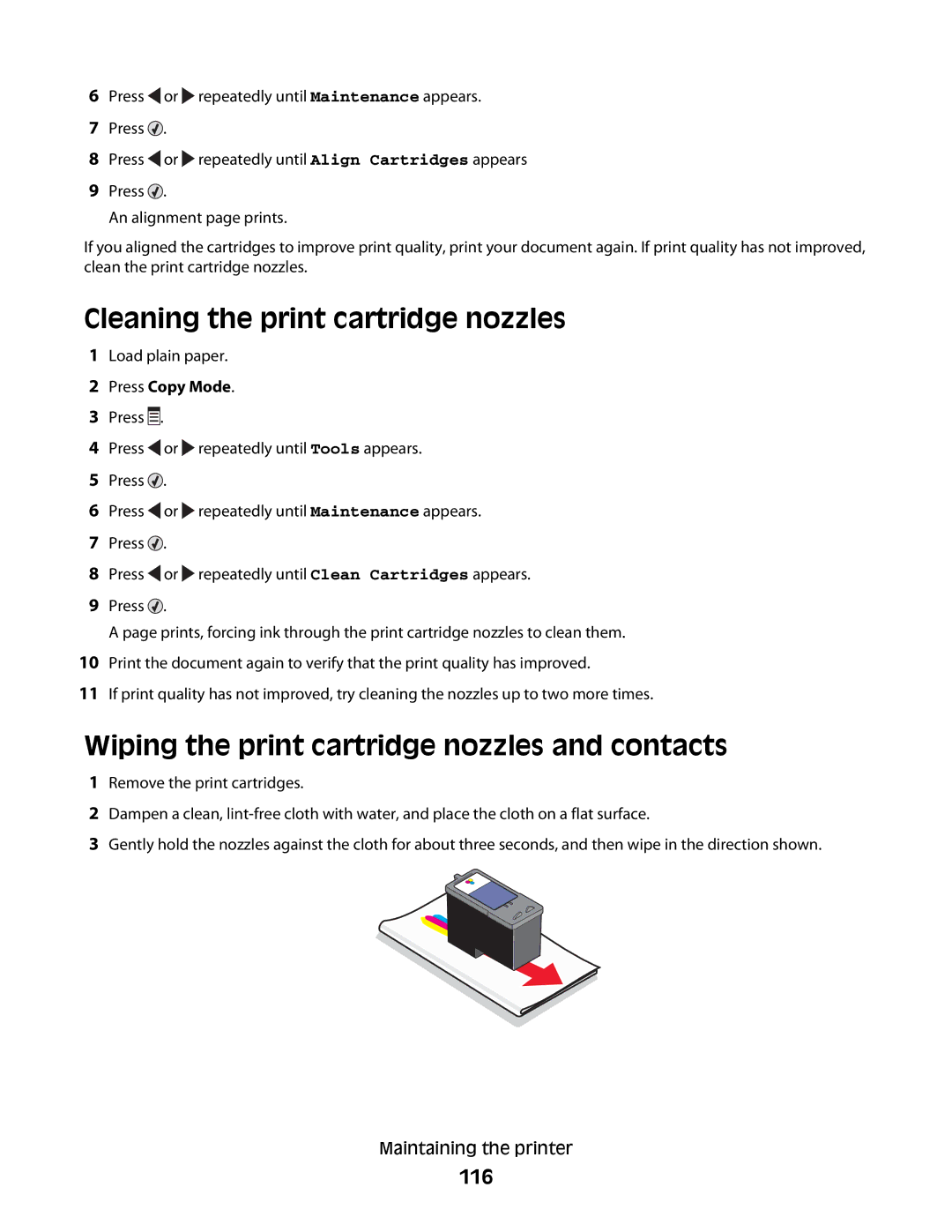 Lexmark 5300 Series manual Cleaning the print cartridge nozzles, Wiping the print cartridge nozzles and contacts, 116 