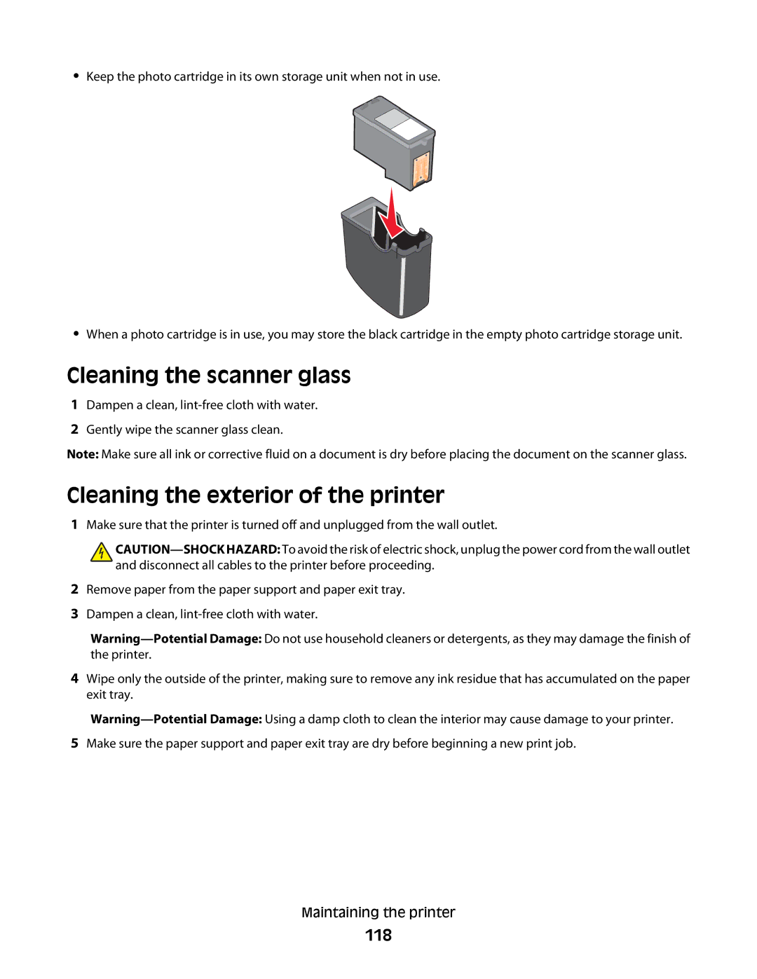 Lexmark 5300 Series manual Cleaning the scanner glass, Cleaning the exterior of the printer, 118 