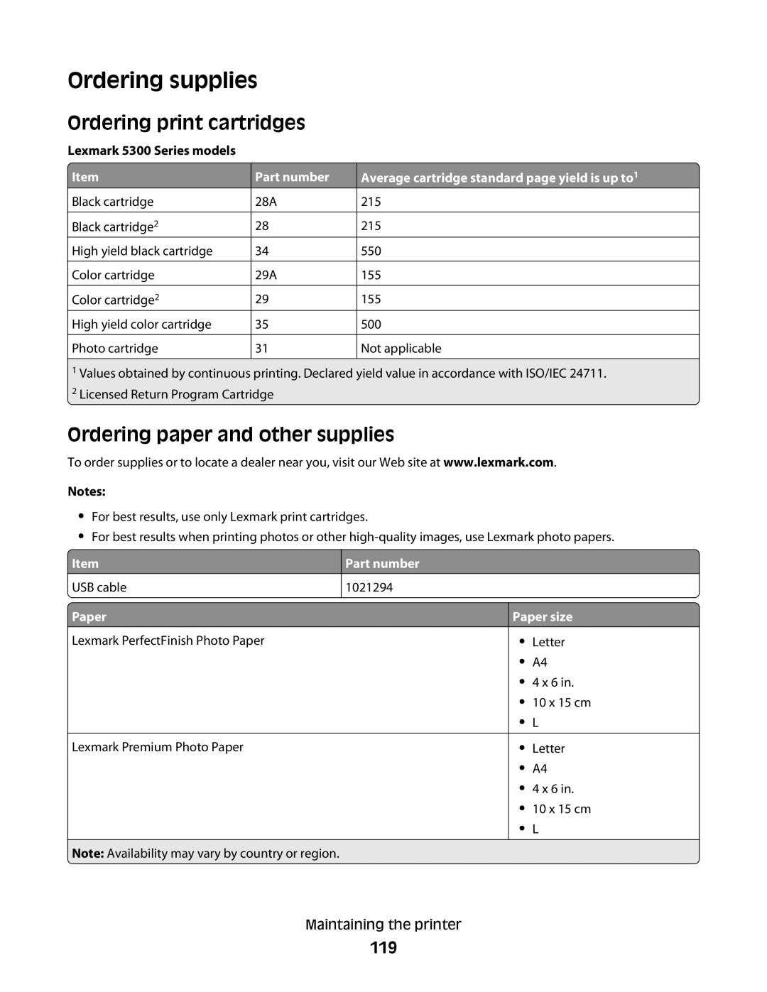 Lexmark 5300 Series manual Ordering supplies, Ordering print cartridges, Ordering paper and other supplies, 119 