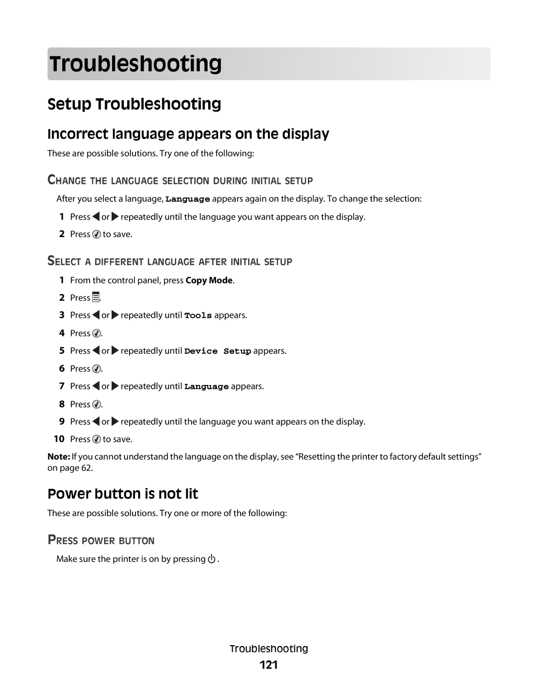 Lexmark 5300 Series manual Troublesho oting, Setup Troubleshooting, Incorrect language appears on the display, 121 