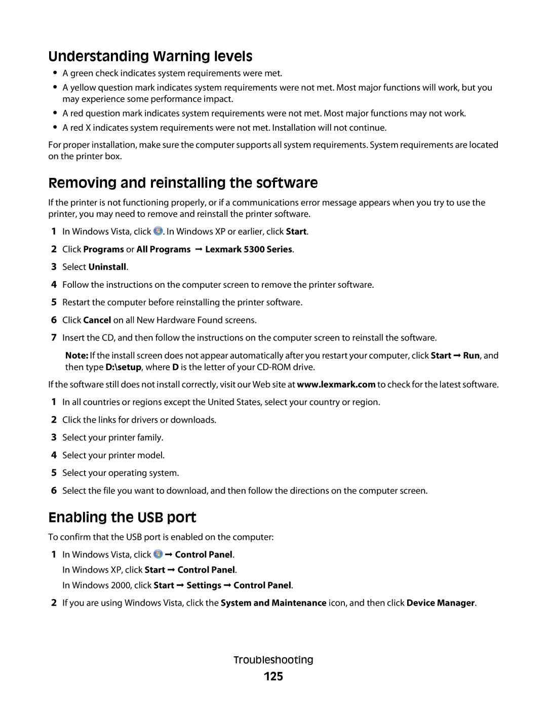 Lexmark 5300 Series manual Understanding Warning levels, Removing and reinstalling the software, Enabling the USB port, 125 