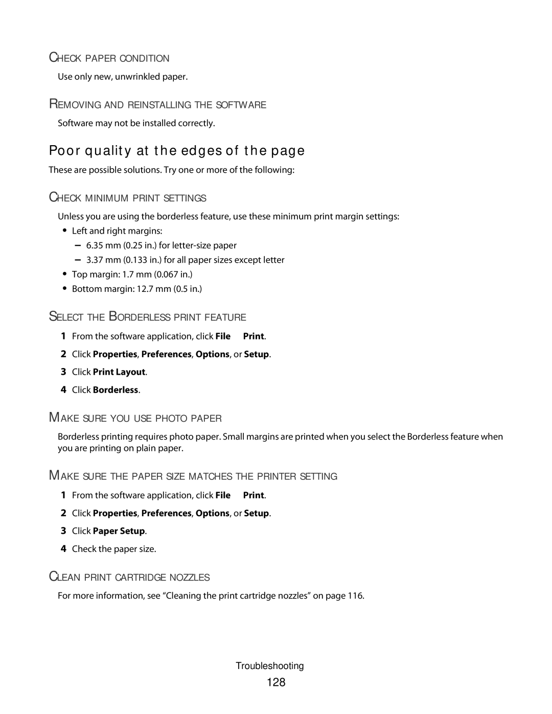 Lexmark 5300 Series manual Poor quality at the edges, 128 