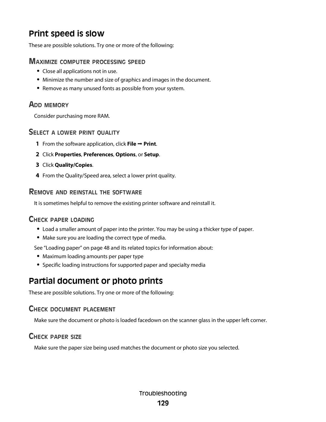 Lexmark 5300 Series manual Print speed is slow, Partial document or photo prints, 129 