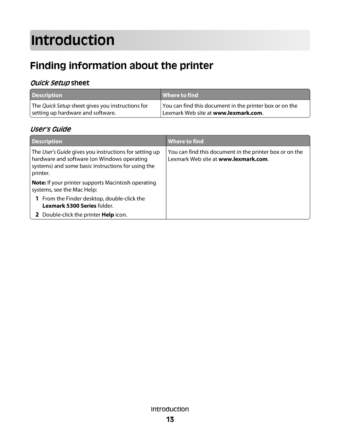 Lexmark 5300 Series manual Intro du ction, Finding information about the printer, Description, Where to find 