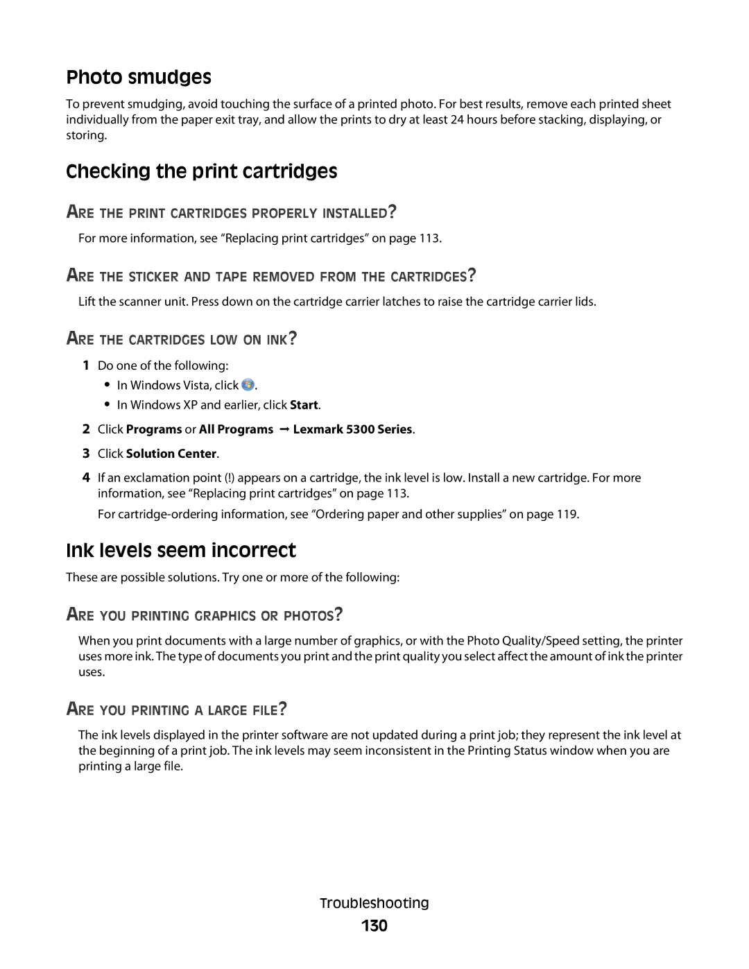 Lexmark 5300 Series manual Photo smudges, Checking the print cartridges, Ink levels seem incorrect, 130 