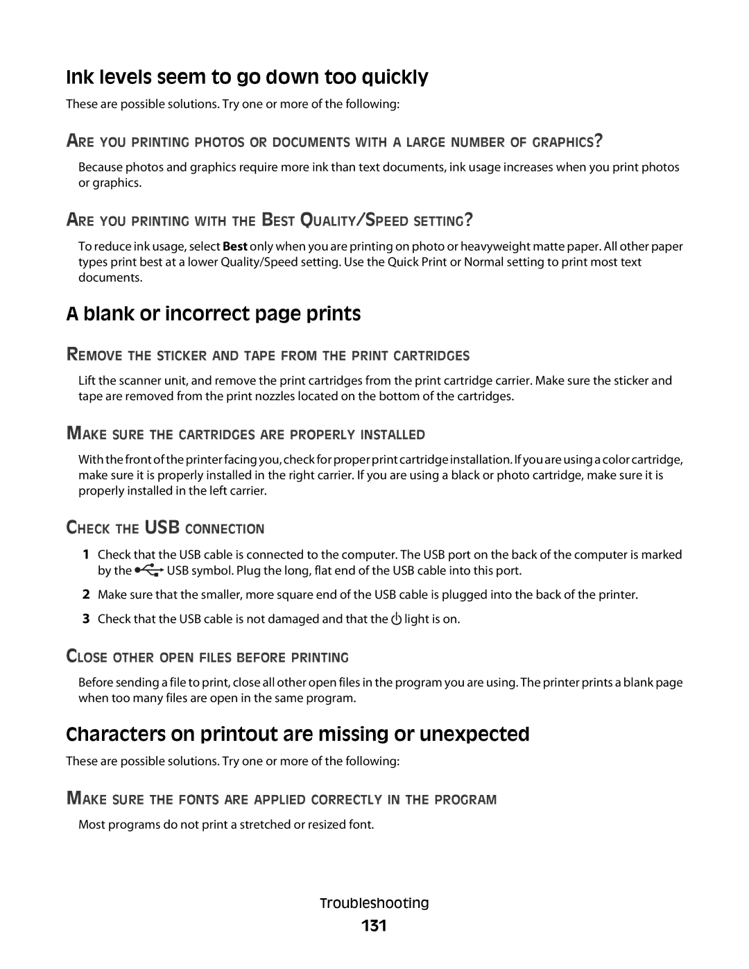 Lexmark 5300 Series manual Ink levels seem to go down too quickly, Blank or incorrect page prints, 131 