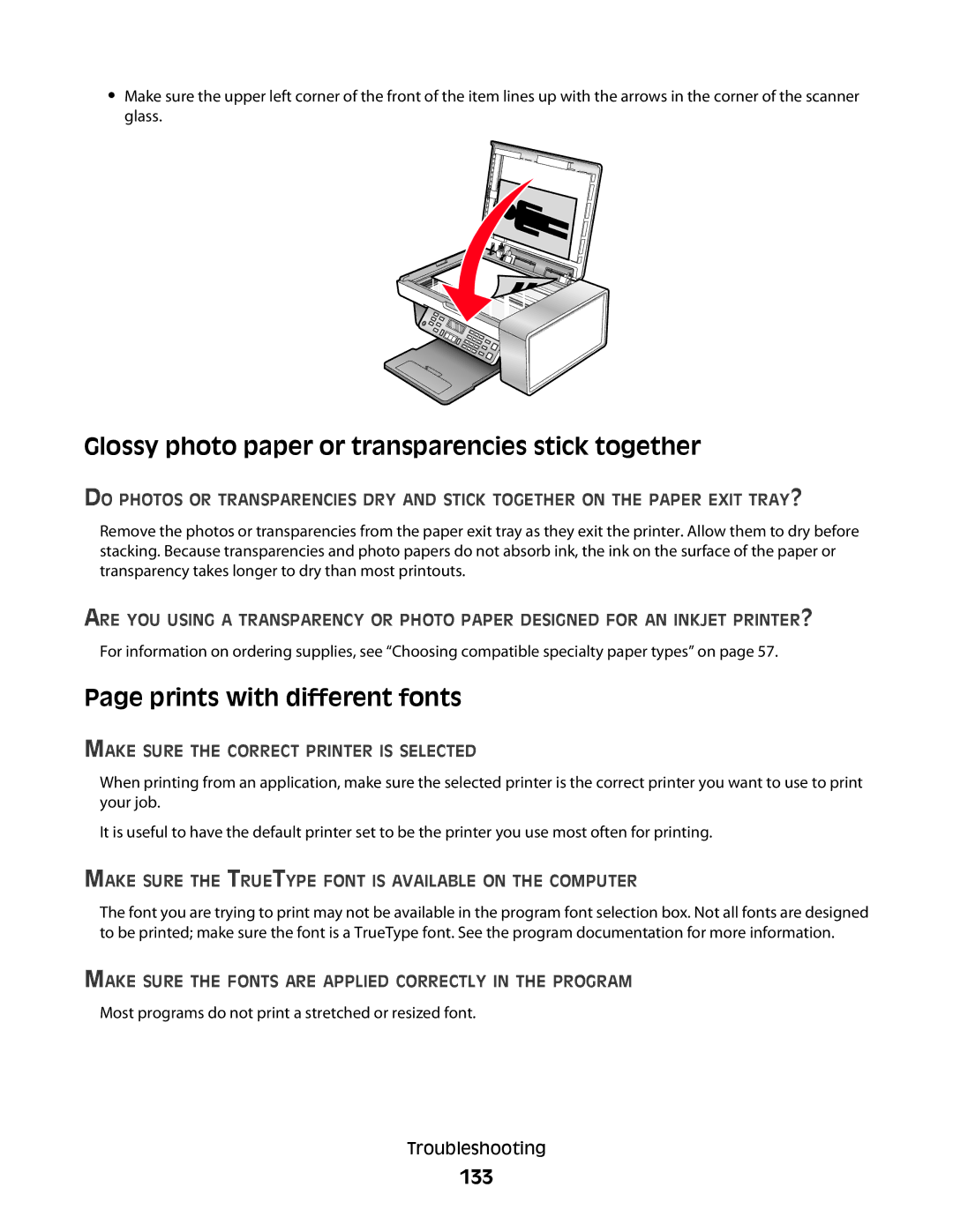 Lexmark 5300 Series manual Glossy photo paper or transparencies stick together, Prints with different fonts, 133 