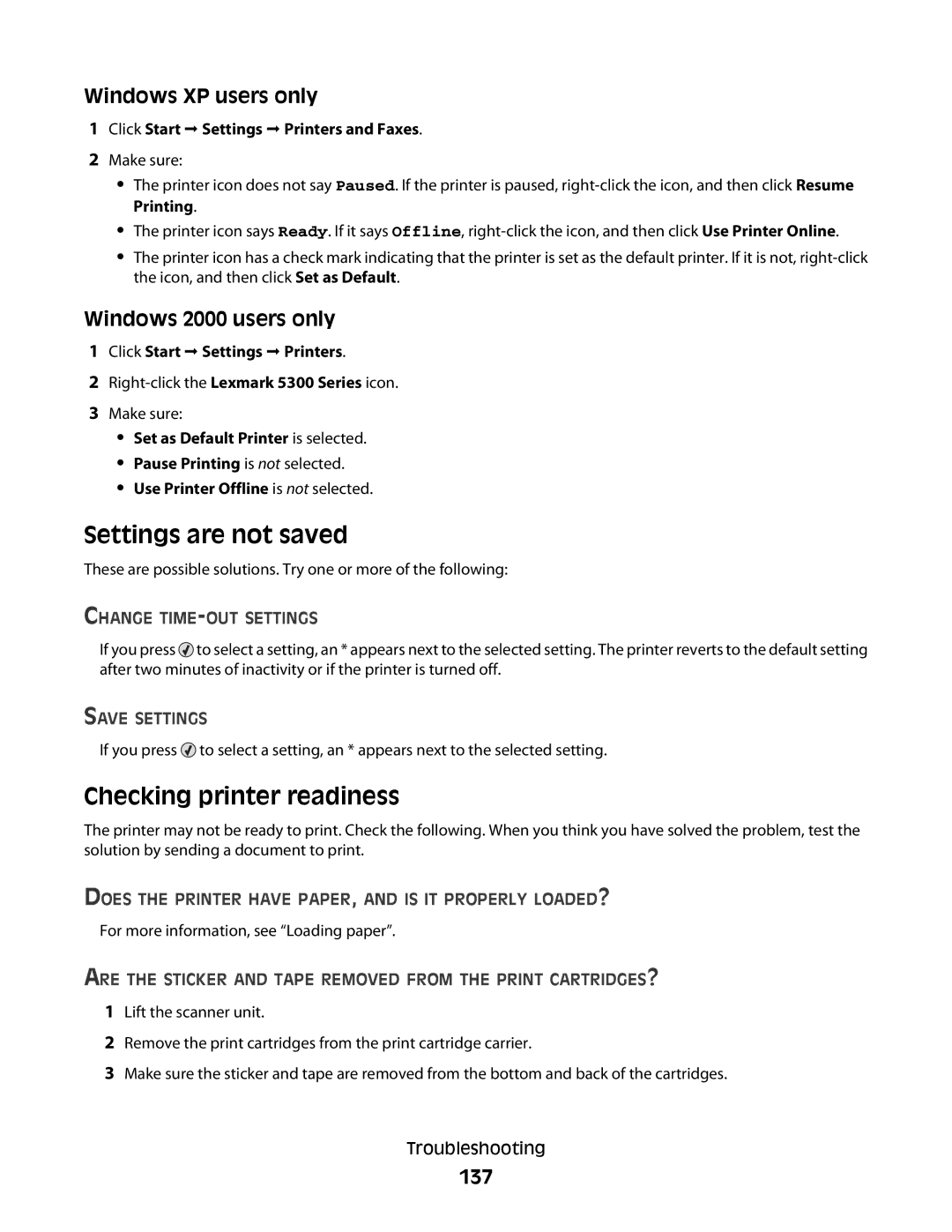 Lexmark 5300 Series Settings are not saved, Checking printer readiness, Windows XP users only, Windows 2000 users only 