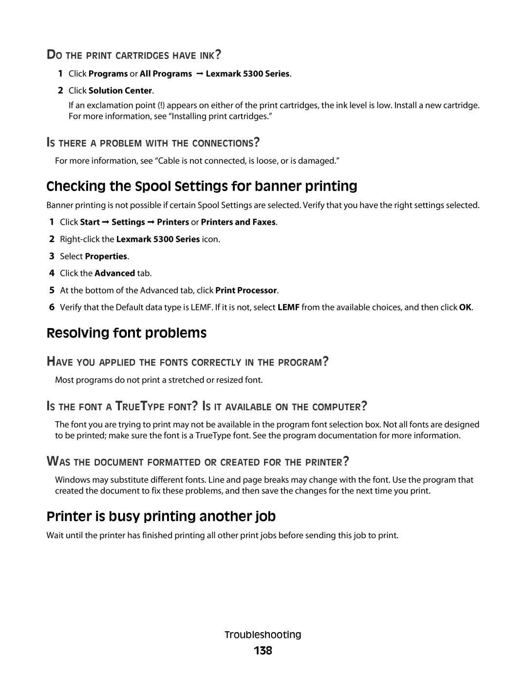 Lexmark 5300 Series manual Checking the Spool Settings for banner printing, Resolving font problems, 138 