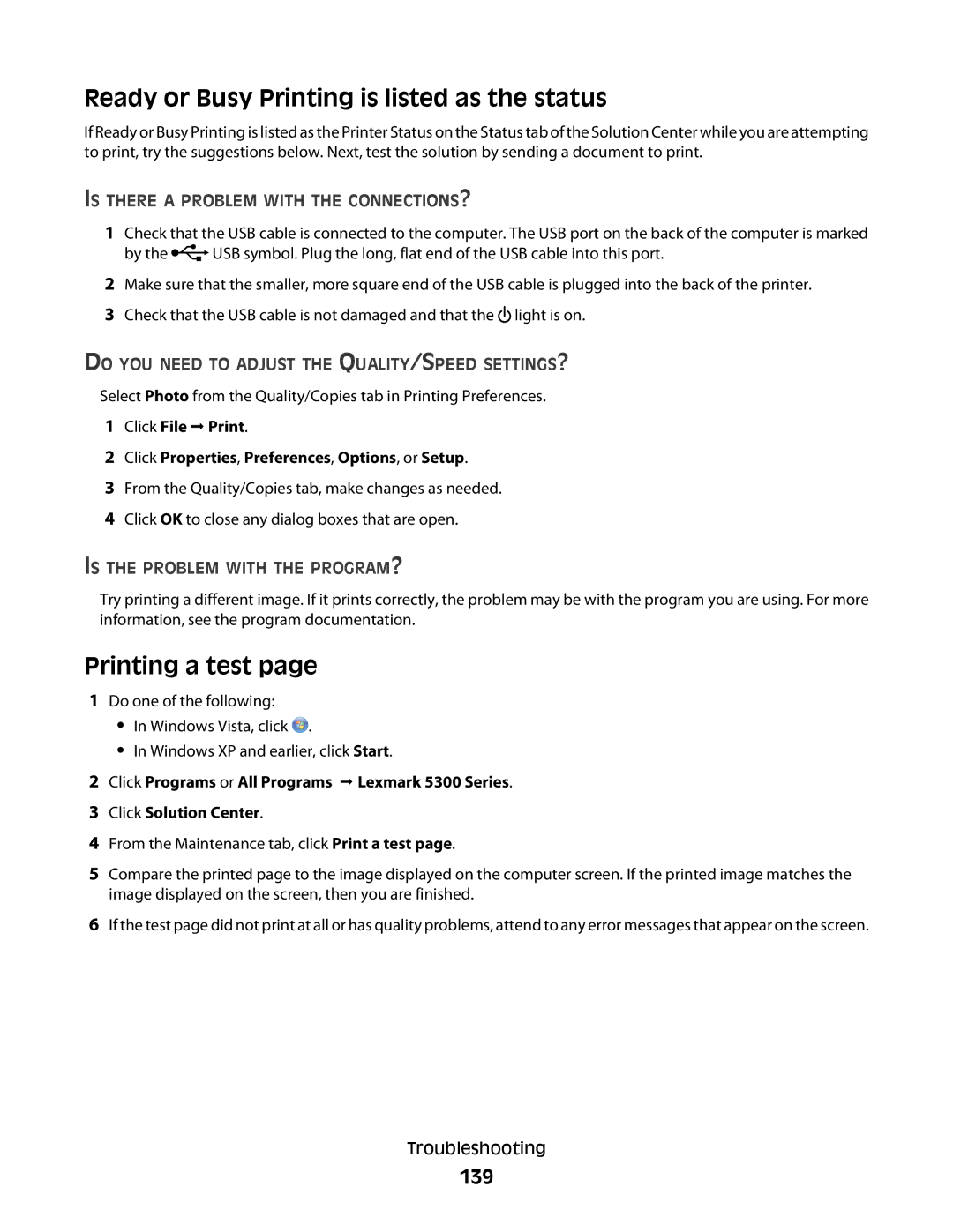 Lexmark 5300 Series Ready or Busy Printing is listed as the status, Printing a test, 139, Is the Problem with the PROGRAM? 