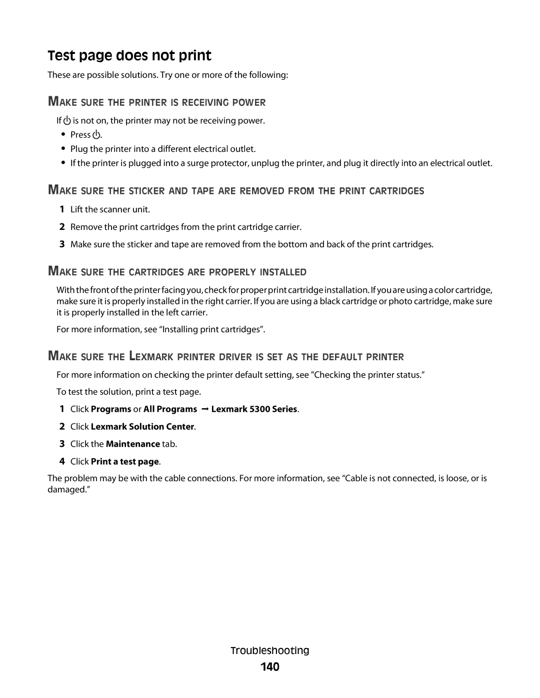 Lexmark 5300 Series manual Test page does not print, 140, Make Sure the Printer is Receiving Power, Click Print a test 