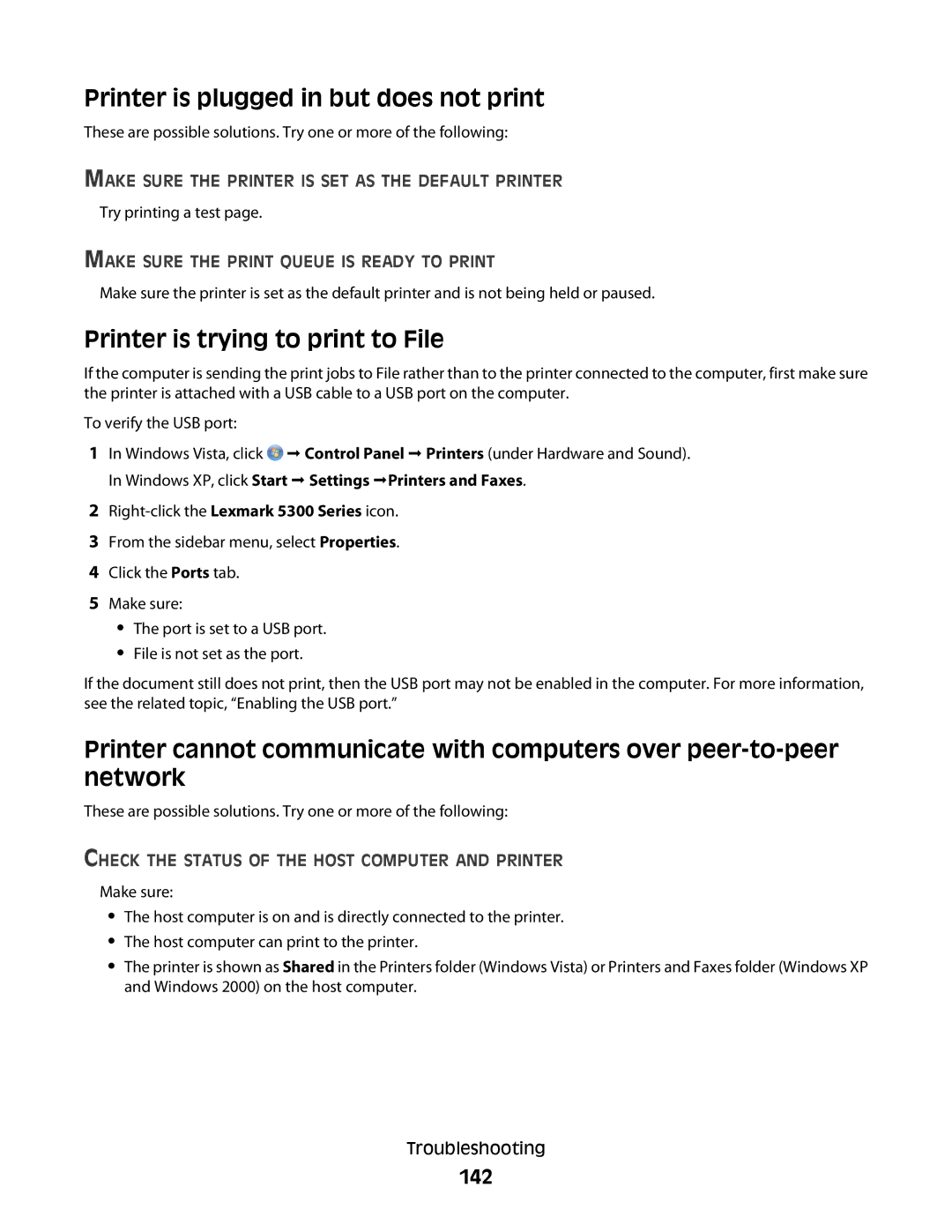 Lexmark 5300 Series manual Printer is plugged in but does not print, Printer is trying to print to File, 142 