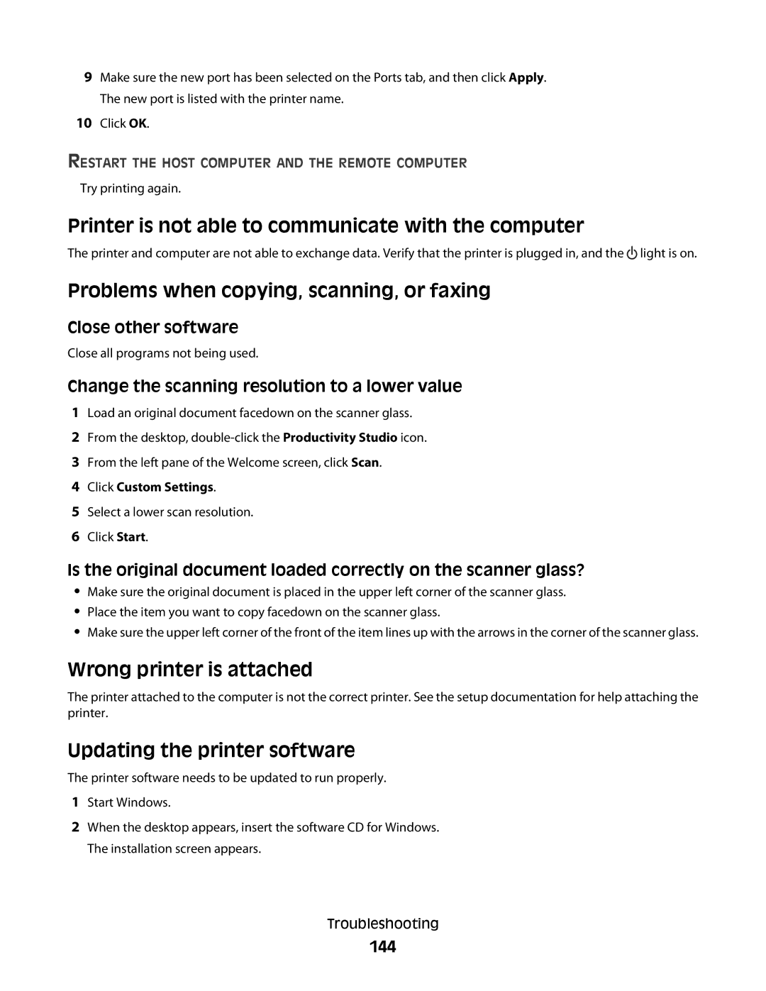 Lexmark 5300 Series manual Printer is not able to communicate with the computer, Problems when copying, scanning, or faxing 