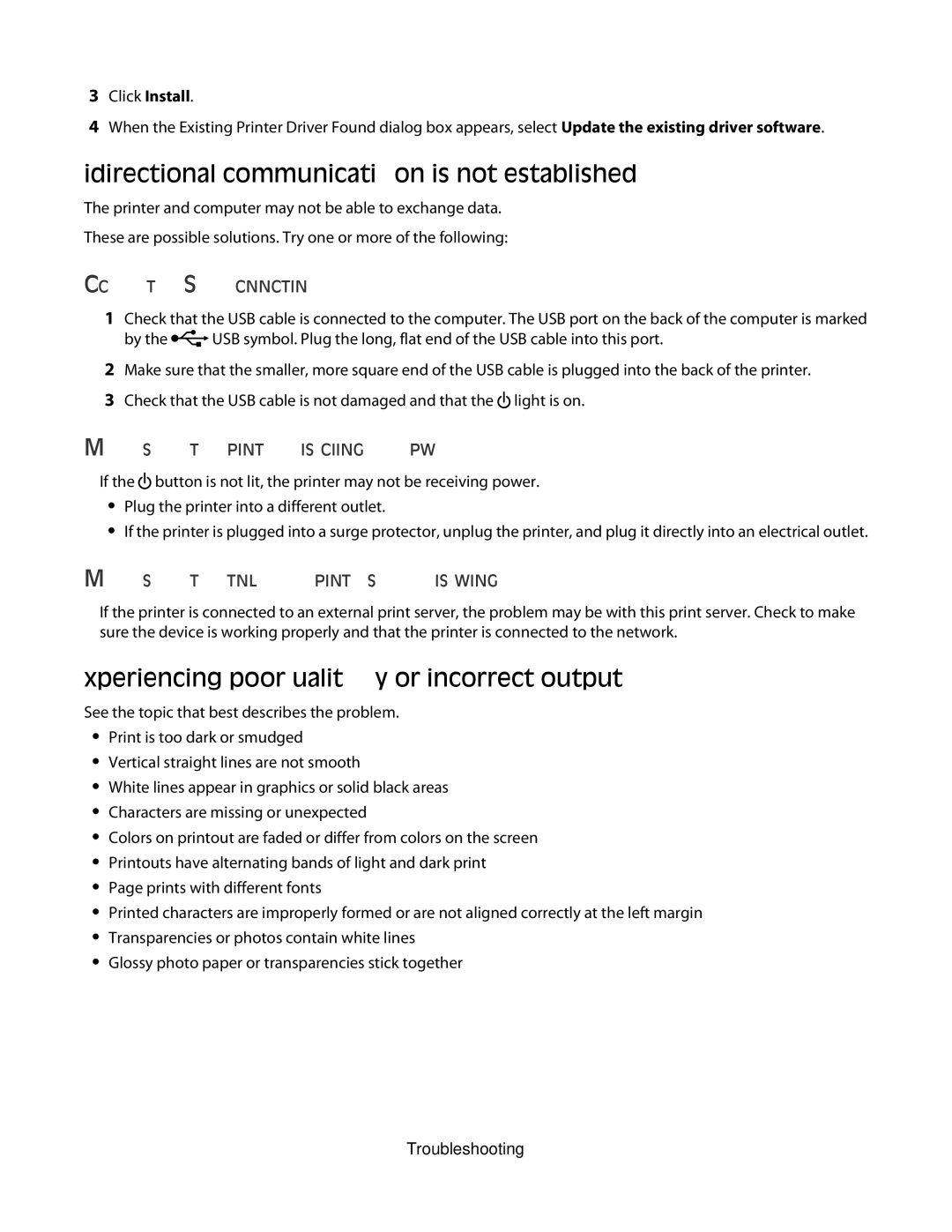 Lexmark 5300 Series Bidirectional communication is not established, Experiencing poor quality or incorrect output, 145 