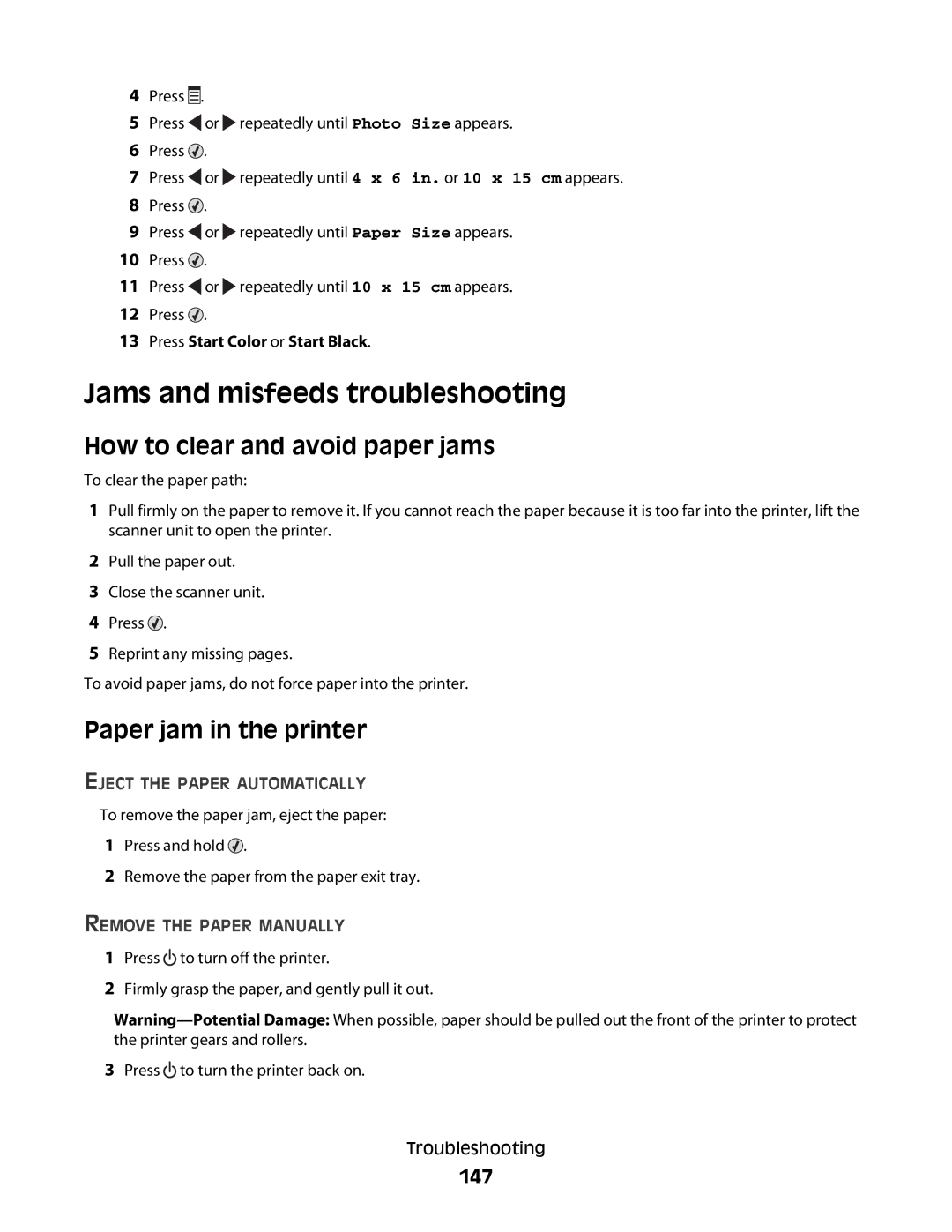 Lexmark 5300 Series Jams and misfeeds troubleshooting, How to clear and avoid paper jams, Paper jam in the printer, 147 