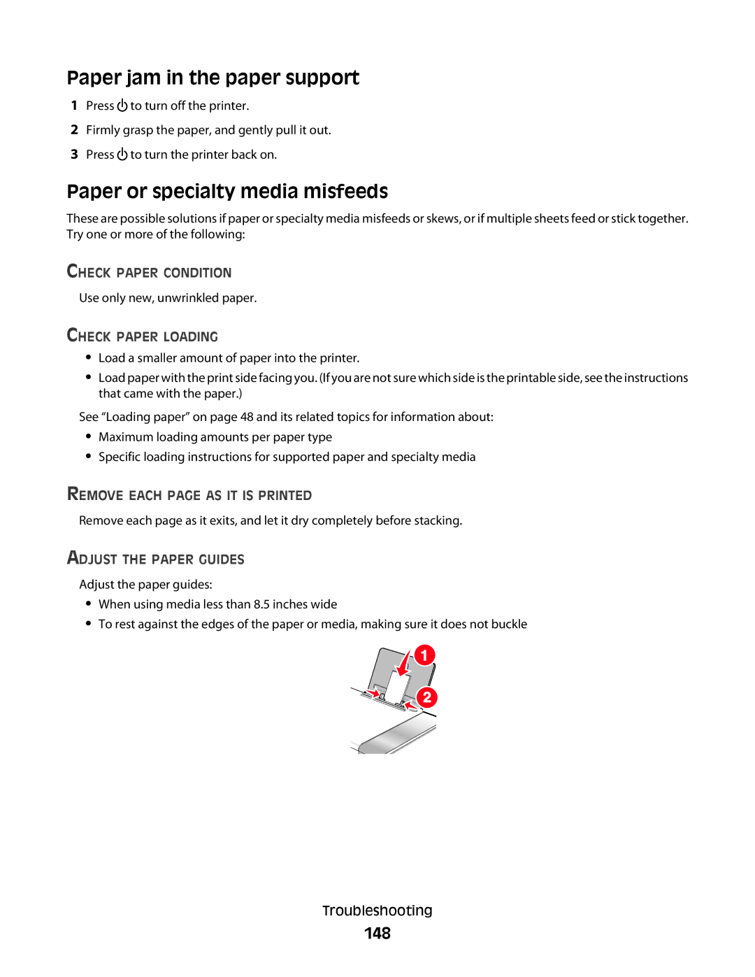 Lexmark 5300 Series manual Paper jam in the paper support, Paper or specialty media misfeeds, 148, Adjust the Paper Guides 