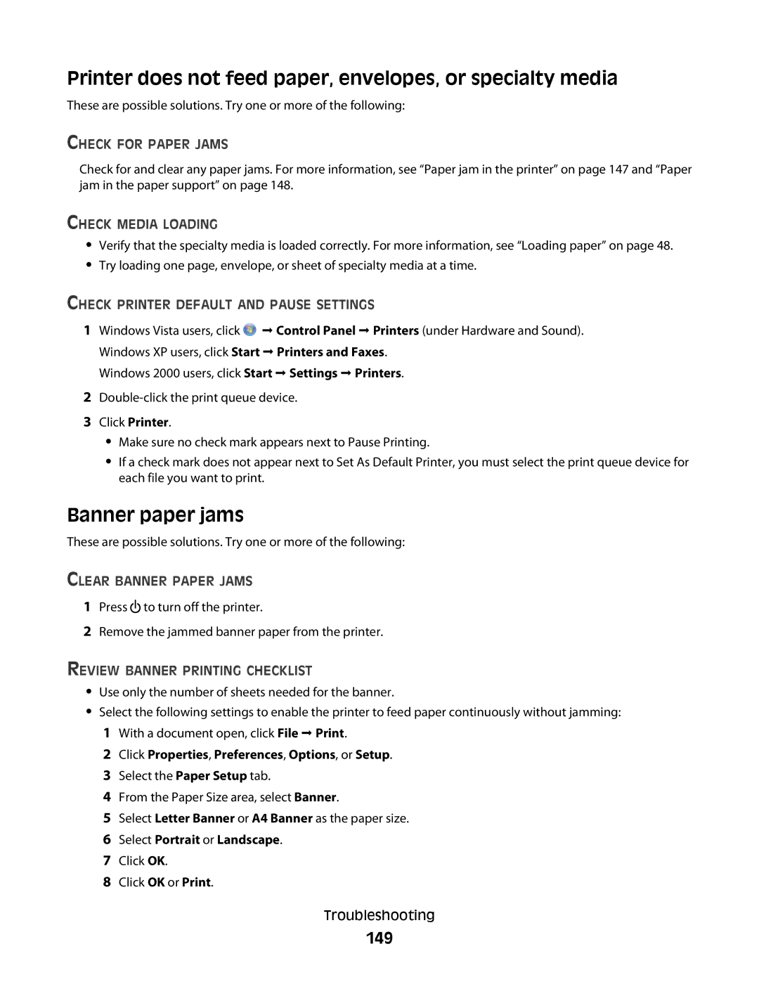 Lexmark 5300 Series manual Printer does not feed paper, envelopes, or specialty media, Banner paper jams, 149 