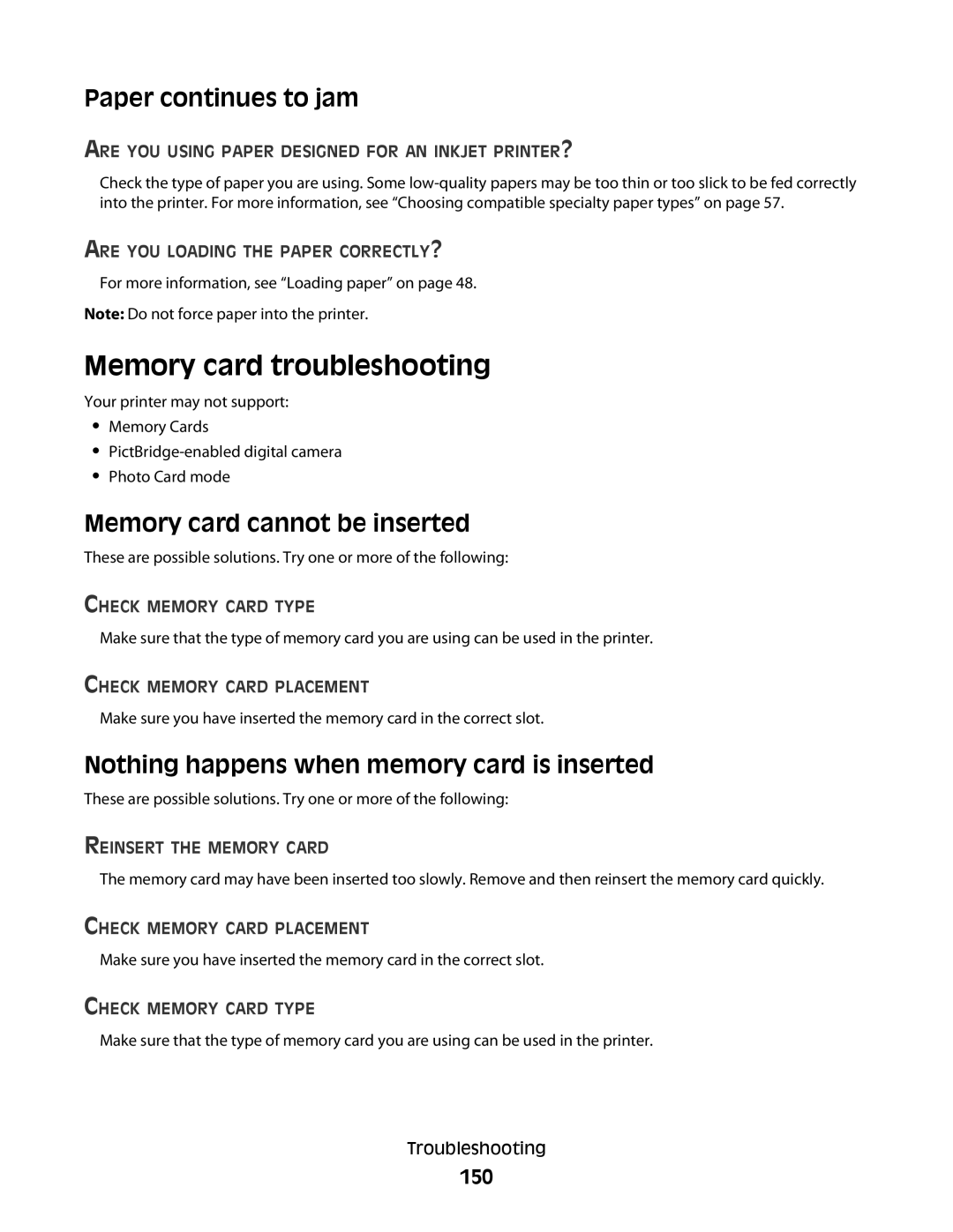 Lexmark 5300 Series manual Memory card troubleshooting, Paper continues to jam, Memory card cannot be inserted, 150 