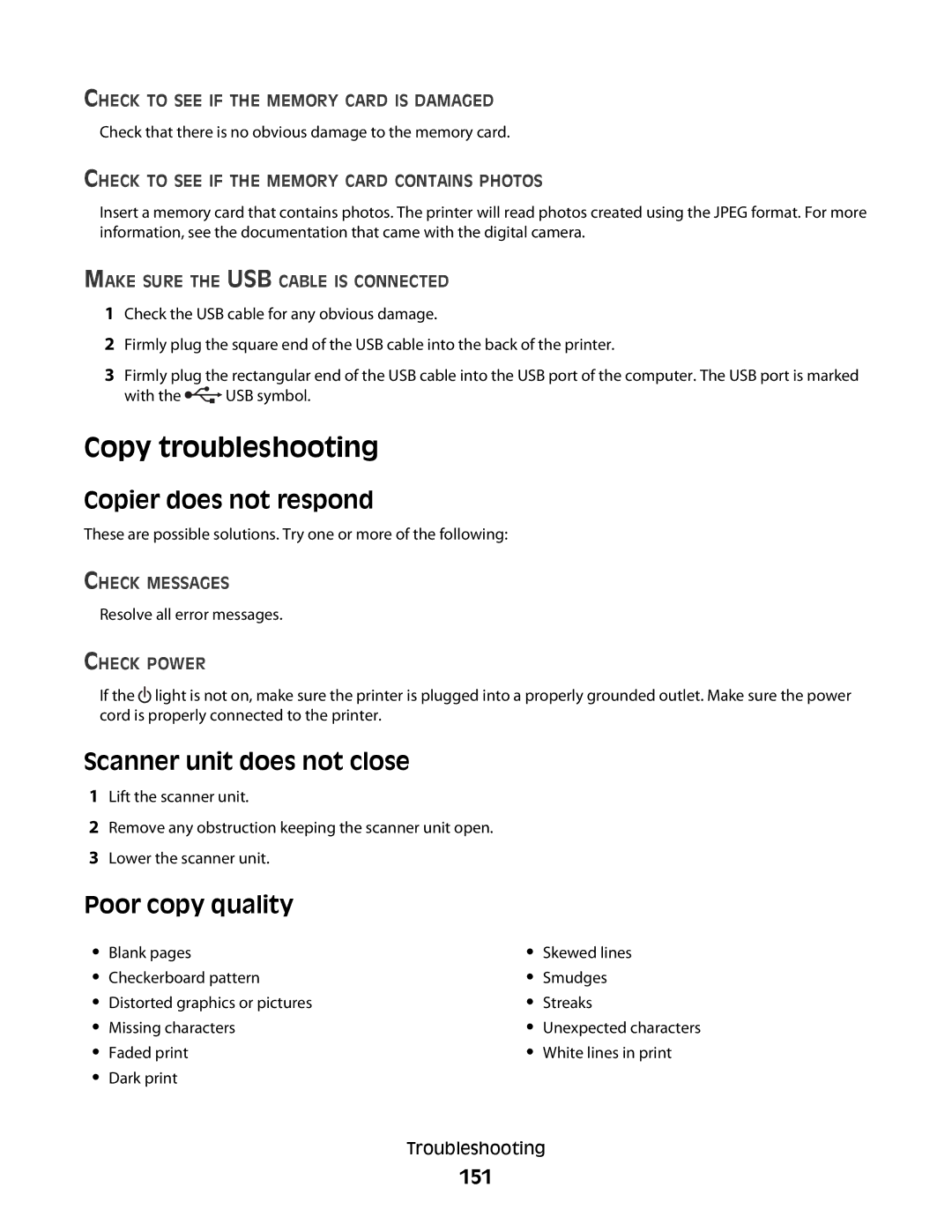 Lexmark 5300 Series Copy troubleshooting, Copier does not respond, Scanner unit does not close, Poor copy quality, 151 