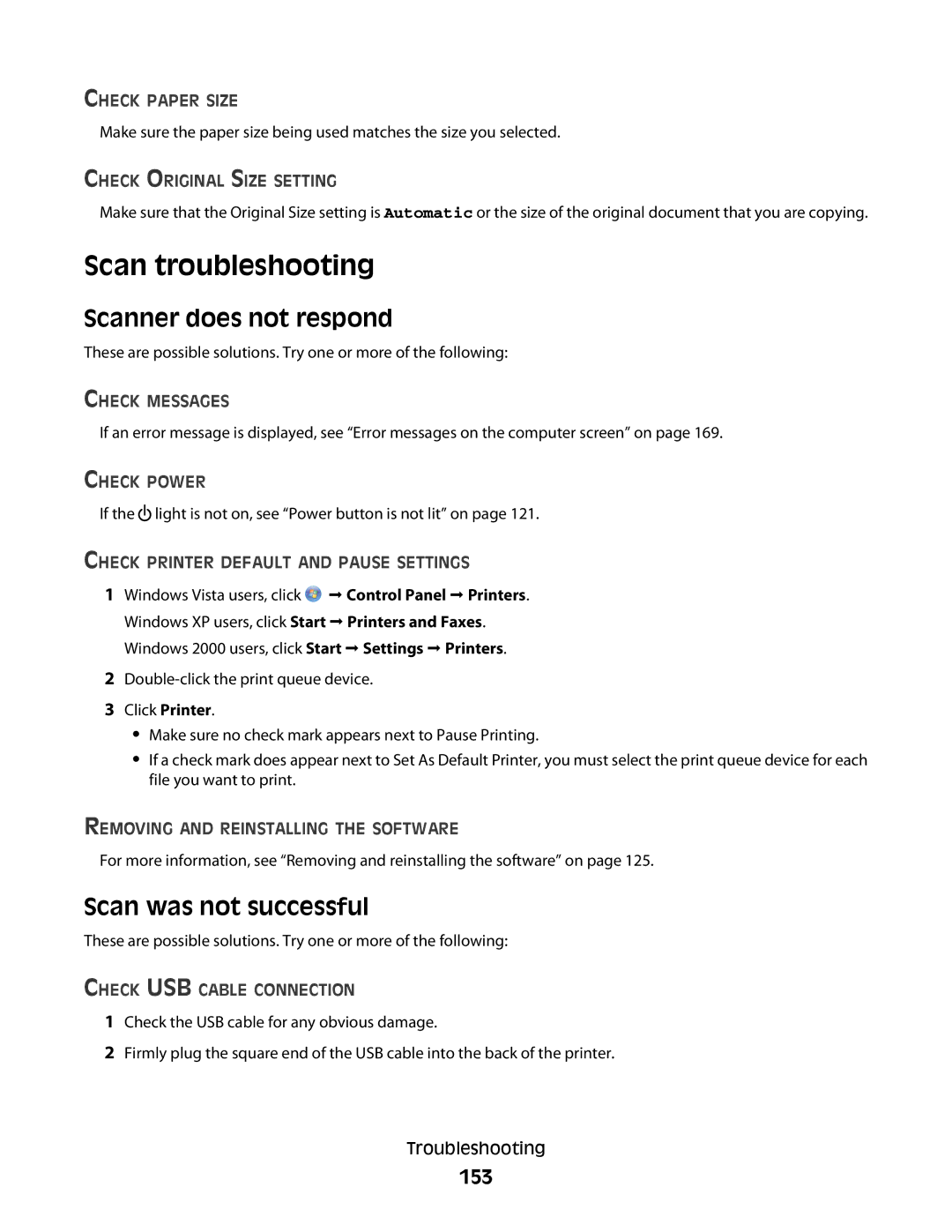 Lexmark 5300 Series manual Scan troubleshooting, Scanner does not respond, Scan was not successful, 153 