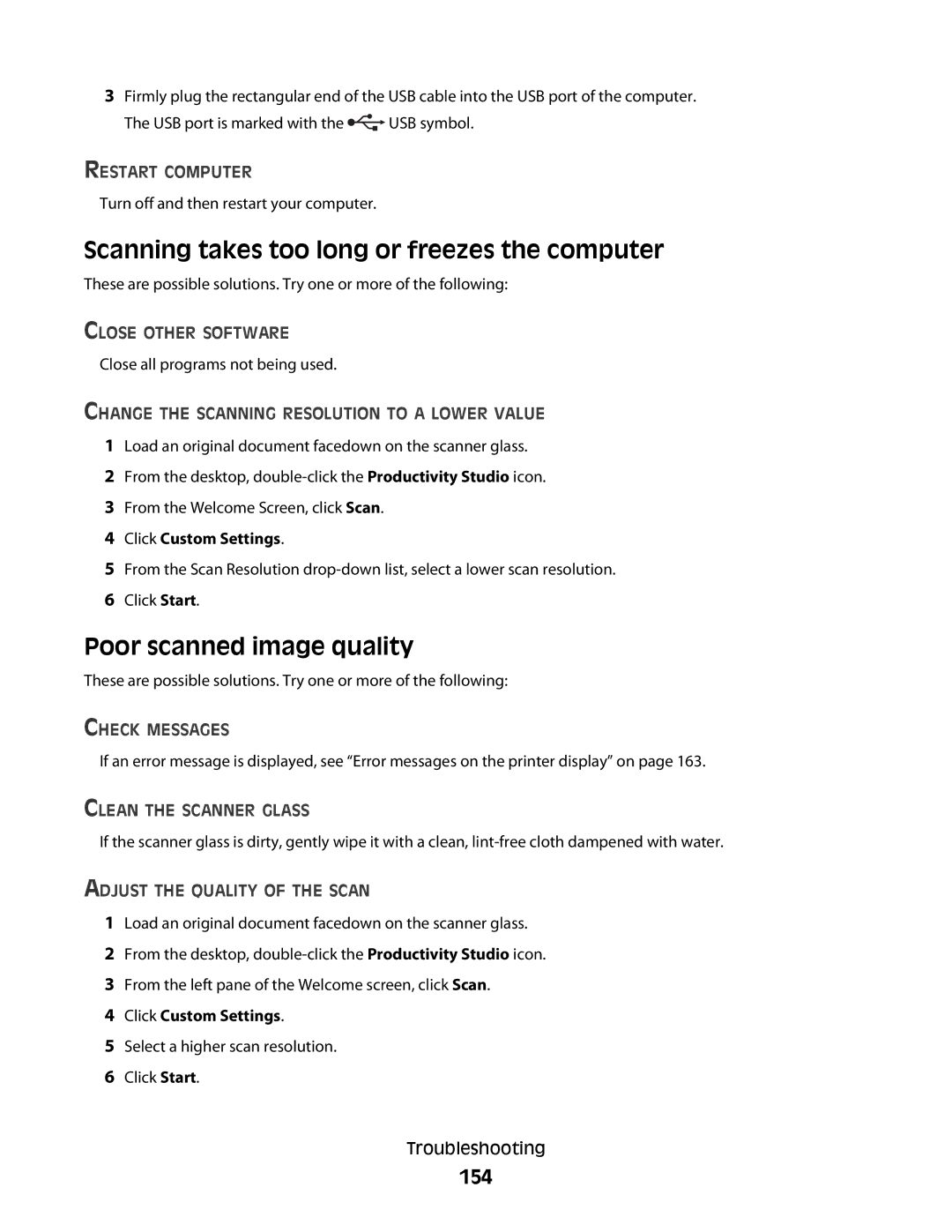 Lexmark 5300 Series manual Scanning takes too long or freezes the computer, Poor scanned image quality, 154 