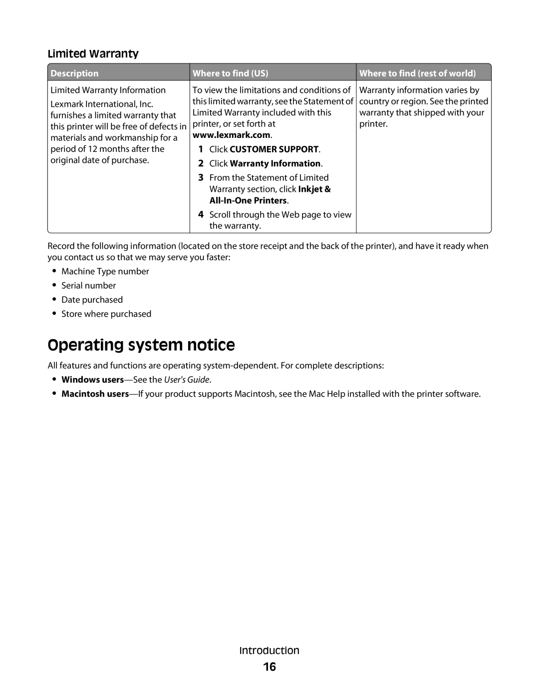 Lexmark 5300 Series manual Operating system notice, Where to find US, Click Customer Support Click Warranty Information 