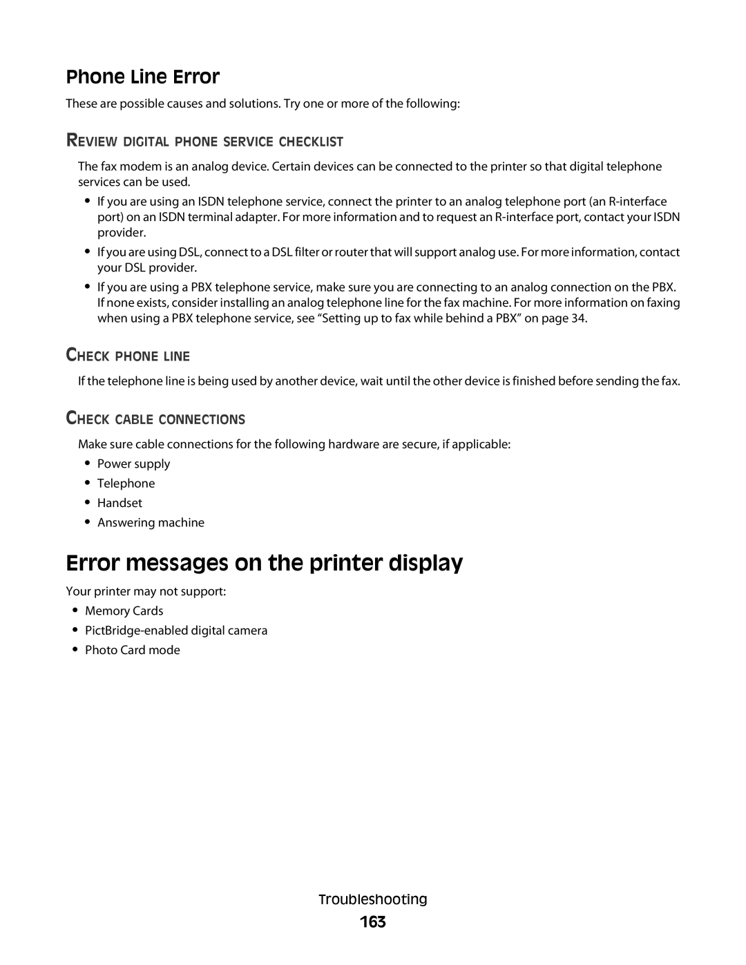 Lexmark 5300 Series manual Error messages on the printer display, Phone Line Error, 163 