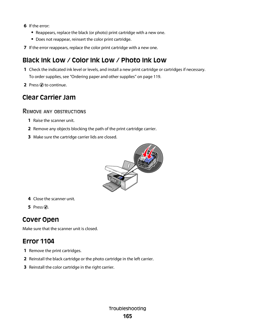 Lexmark 5300 Series manual Black Ink Low / Color Ink Low / Photo Ink Low, Clear Carrier Jam, Cover Open, Error, 165 